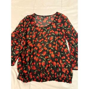 Oltre Womens Sheer Fruit Print Blouse Black Red Strawberry Cherry Smocked Waist